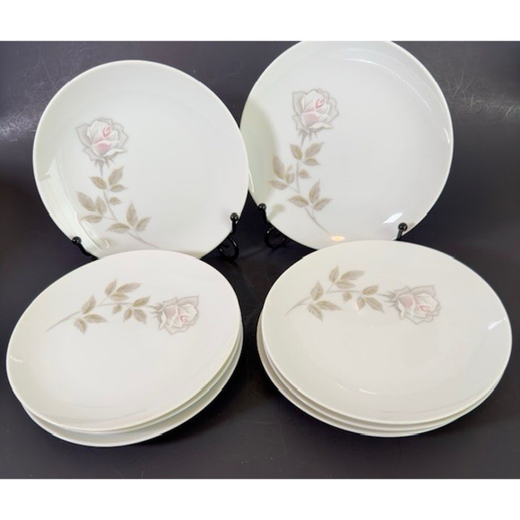 Noritake Edenrose 4 Bread & Butter Plates Gray/Pink/White Roses VTG - Picture 1 of 11